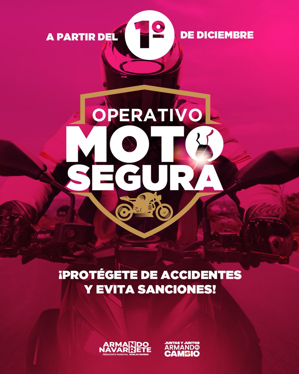 A partir del 1 de diciembre, en todo Nicolás Romero se estará reforzando el cumplimiento del Reglamento de Tránsito del Estado de México a través del #OperativoMotoSegura👇

Juntas y juntos, sigamos #ArmandoElCambio 🐜