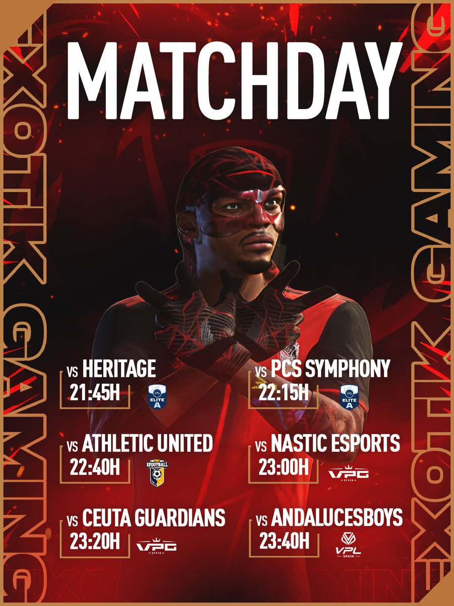 ⚽️𝐌𝐀𝐓𝐂𝐇𝐃𝐀𝐘⚽️

🏆 <a href="/OfficialVPG/">Virtual Pro Gaming</a> Elite A
🆚 <a href="/HeritageFIFA/">Heritage</a>
⏰ 21:45

🆚 <a href="/SymphonyProClub/">LWG Symphony</a>
⏰ 22:15

🏆 <a href="/PLGeFootBall/">PLG efootball</a>
🆚 <a href="/Athl3tic_United/">Athletic United eSports</a>
⏰ 22:40

🏆 <a href="/VPG_Spain/">Virtual Pro Gaming España</a> Superliga A
🆚 <a href="/NasticeSports/">Nàstic eSports</a>
⏰ 23:00

🆚 <a href="/CeutaGuardians/">𝘾𝙀𝙐𝙏𝘼 𝙂𝙐𝘼𝙍𝘿𝙄𝘼𝙉𝙎</a>
⏰ 23:20

🏆 <a href="/VPLSpain/">VPL Spain</a>
🆚 @AndalucesBoysFC
⏰ 23:40