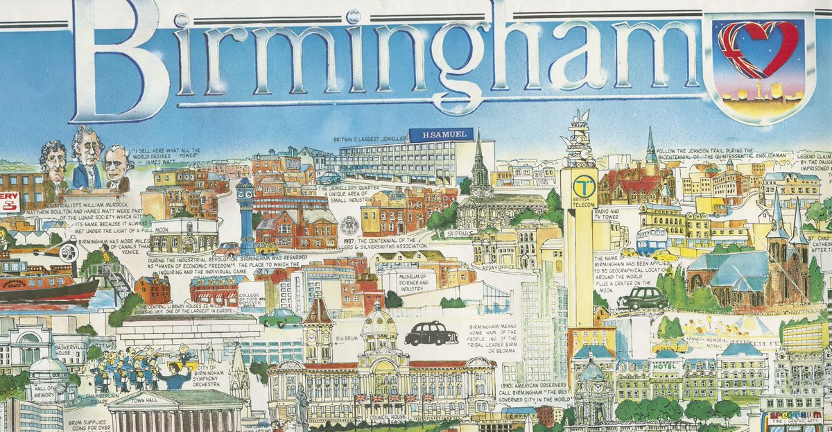 #BirminghamPanoramic Enjoy this colourful 1984 panoramic view of Birmingham. It’s only part of the panorama which is vast . Includes useful factoids to muse over - not something you get every day. Ref: Birmingham Panorama Collection <a href="/LibraryofBham/">LibraryofBirmingham</a>