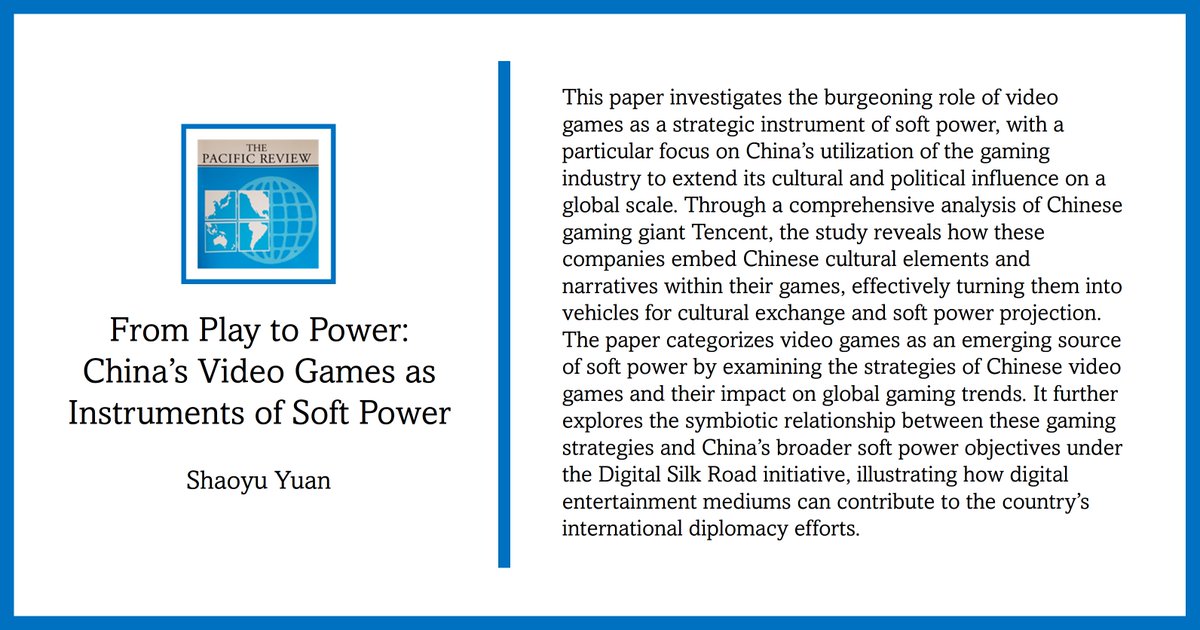 The Pacific Review (@reviewpacific) on Twitter photo Are video games an emerging source of soft power?
In this new article, <a href="/shaoyu_yuan/">Shaoyu Yuan</a> argues that #China utilizes the gaming industry to extend its cultural and political influence globally, contributing to diplomatic efforts. bit.ly/4i4RRGS Are video games an emerging source of soft power?
In this new article, <a href="/shaoyu_yuan/">Shaoyu Yuan</a> argues that #China utilizes the gaming industry to extend its cultural and political influence globally, contributing to diplomatic efforts. bit.ly/4i4RRGS