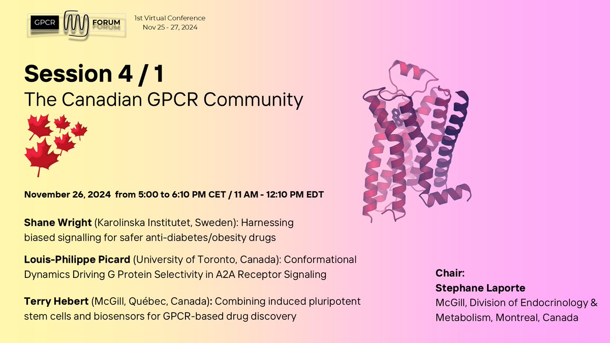 WOW! #GPCRForum Session4: Canadian GPCRcommunity!
🔬 Shane Wright: Biased signaling for safer anti-diabetes/obesity drugs
🔬 L.-P. Picard: G protein selectivity in A2A receptor signaling
🔬 T. Hébert: Stem cells &amp; biosensors for drug discovery
⏰ Chair: Stéphane Laporte