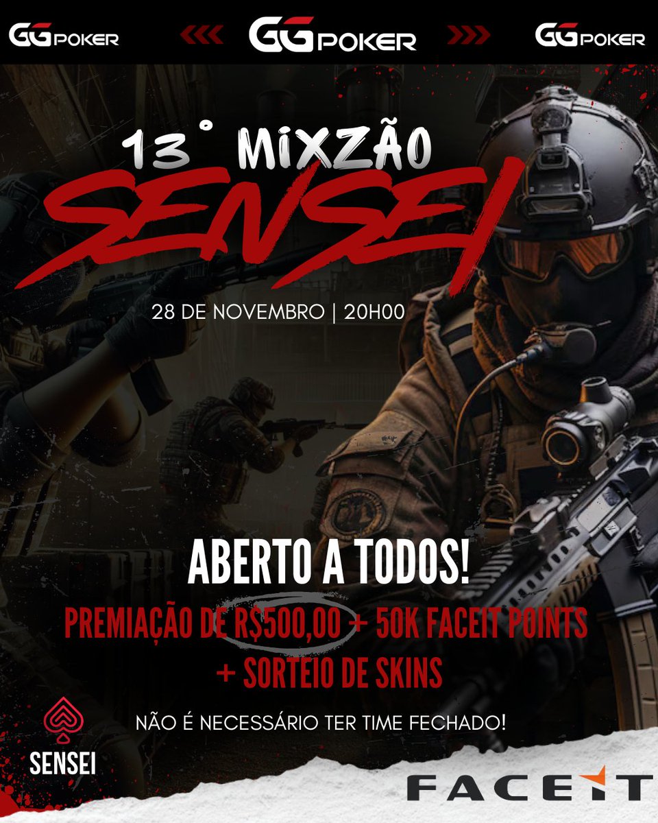 13° Mixzão SENSEI com R$500 no PIX + 50k FACEIT Points + Sorteios de SKINS.

Toda semana ( essa na quinta-feira ) às 20 hrs está rolando mixzão, só colar discord com anti-cheat da face it instalado. 

Aberto para todos! Qualquer level pode participar.

♠️♥️
#goSENSEI