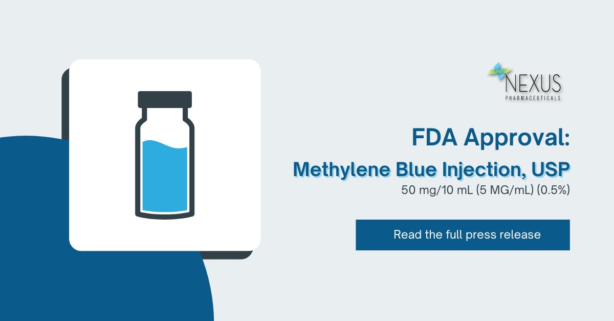 NexusPharmaLLC's tweet photo. Nexus announces the FDA approval of Methylene Blue Injection, USP. "We are pleased to strengthen the supply of an AP-rated and TIAA compliant Methylene Blue Injection," says Sridhar Desikan, Chief Scientific Officer.

Read the full press release here: https://t.co/lJul9bO5x7 https://t.co/k8z0V6Z40g