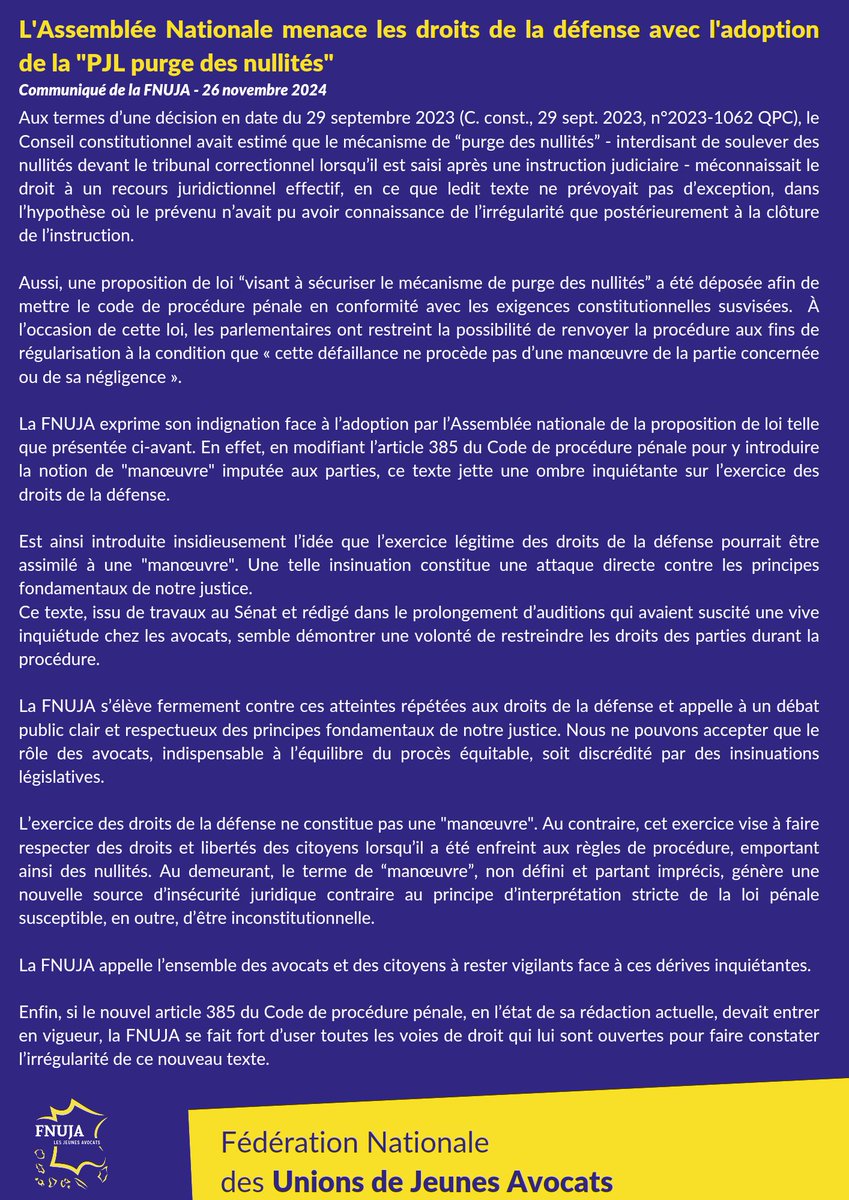 🟡🔵 Menace sur les droits de la défense : la FNUJA dit non 
La FNUJA refuse de rester silencieuse face aux menaces sur les droits de la défense engendrées par le projet de loi dite "Purge des nullités" 

Retrouvez son communiqué ci-après