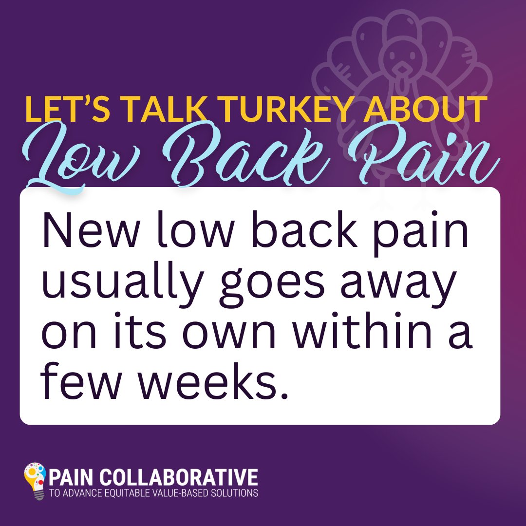 Let's #TalkTurkeyAboutLowBackPain! You may think that once #LowBackPain starts, it will never improve. Try something new like acupuncture, spinal manipulation, or physical therapy to see if it will decrease pain. Often new pain improves after a few weeks. #LowBackPainRealities