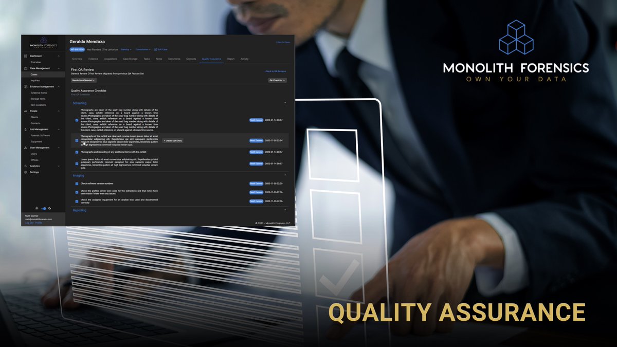 Monolith4n6's tweet photo. Design customized QA reviews for your cases so that your lab adheres to defined standards. With Monolith, you can create a centralized system so everyone is on the same page. Start today! https://t.co/uCr0l8AsDP #dfir #casemanagement #digitalinvestigations https://t.co/19NizgBPkG