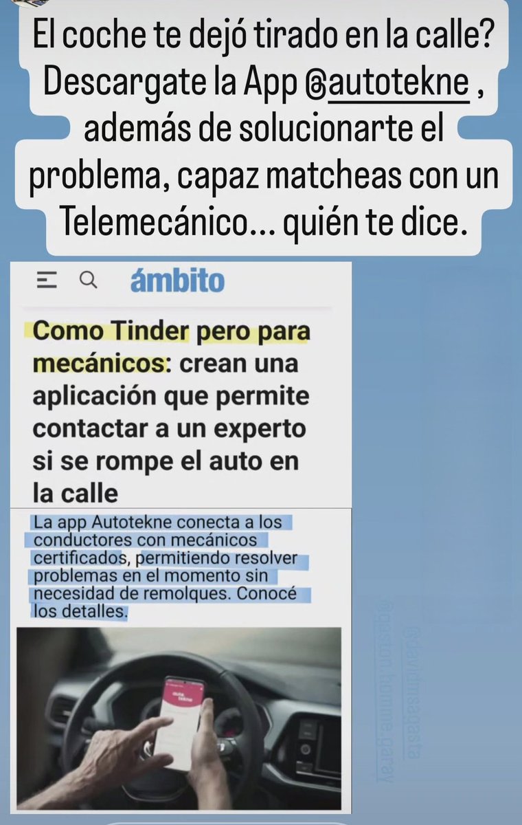 El 🚗 te dejó tirado en la calle? tranquilo
Si te pasó en algún país de #America #Latina tenés la posibilidad de descargarte al teléfono la App <a href="/autotekne/">Autotekne</a>, un Telemecánico, vía video conferencia te solucionar el problema y capaz haces match con el mecánico y ¡Bingo!
Quién te dice