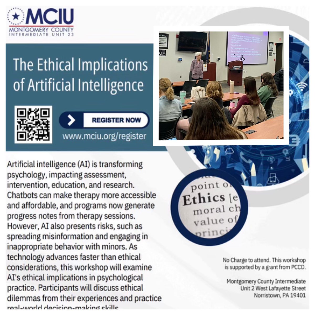 Happening now - Ethical Implications of AI - school based mental health professionals are at the MCIU learning about the ethical utilization of AI - benefits and challenges.