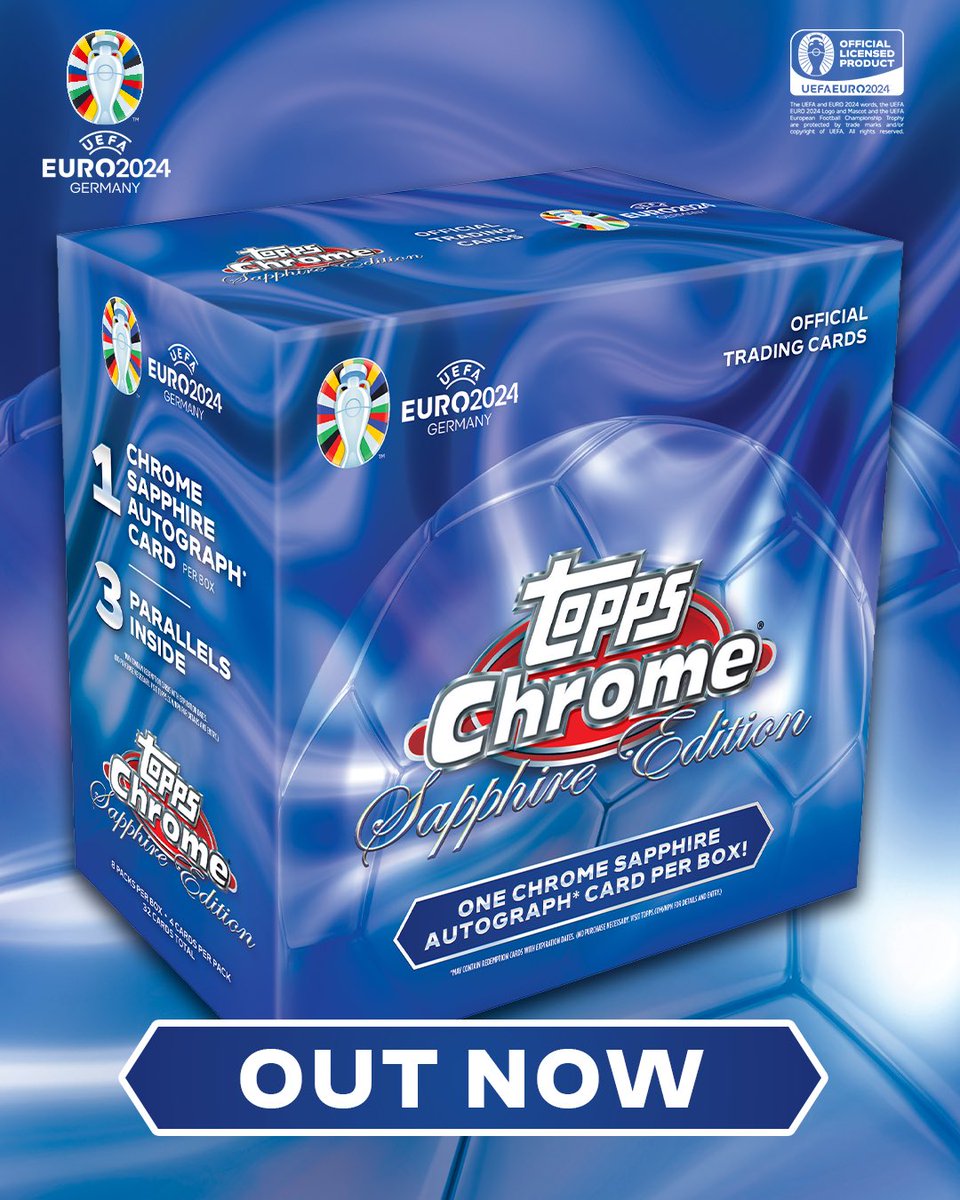 Topps_UK's tweet image. Topps Chrome UEFA EURO 2024™️ Sapphire Edition is out now with each box including a guaranteed Chrome Sapphire Autograph card! 💎