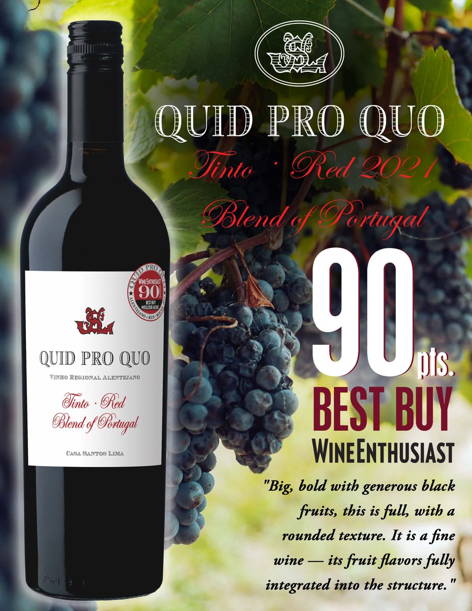 trivinimports's tweet photo. Quid Pro Quo Tinto is an outstanding red from the beautiful region of Alentejano, Portugal. This Tinto received a fabulous score of 90 points Wine Enthusiast, Best Buy. 
#casasantoslima #quidproquotinto #quidproquo #alentejano #portugal #wineenthusiast #bestbuy https://t.co/JHBASAOthH