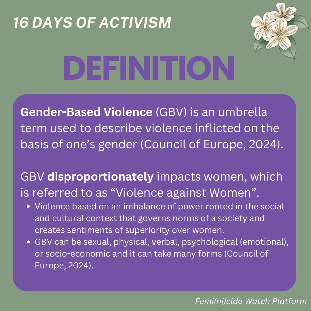 FemicideWatch's tweet image. Today is the second day of the #16daysofactivismagainstGBV.

Today’s #foundational topic: what is Gender-Based Violence (GBV)?

Read to learn more👇