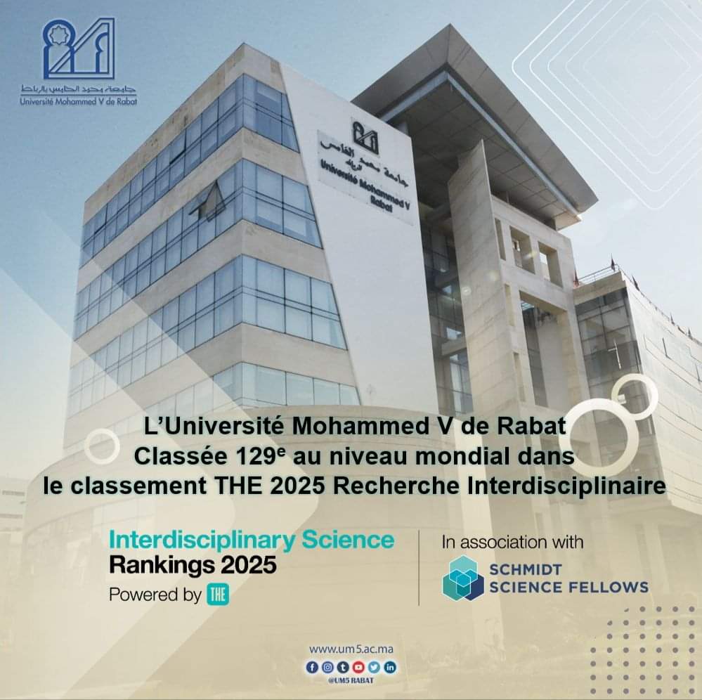 PrAdilAMMAR's tweet photo. L'Université Mohammed V de Rabat 🇲🇦 Classée 129 au niveau mondial dans le classement THE 2025 Recherche Interdisciplinaire 📚🏆 #UM5R #Recherche #Excellence https://t.co/lCCZ9CMgdh