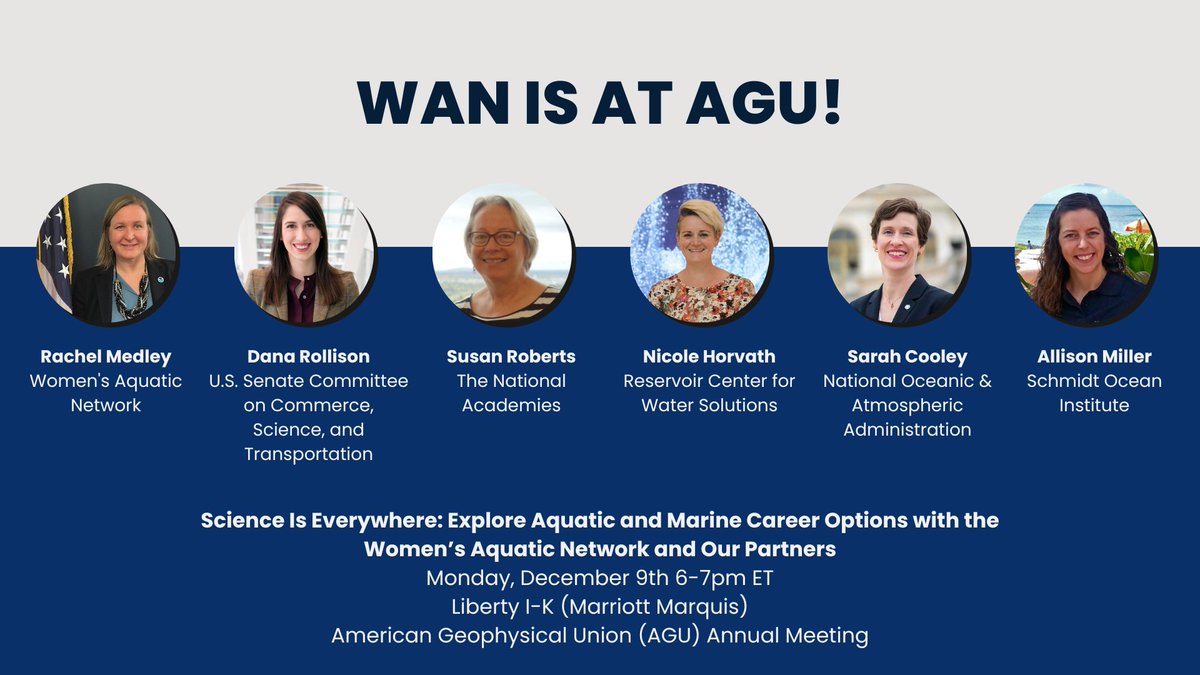 WAN is at #AGU24!

Hear from panelists about diverse aquatic &amp; marine science-related careers, many of which are in the DC area. Social hour to follow the town hall session. 

Learn more: womensaquatic.org/events/agutown…
