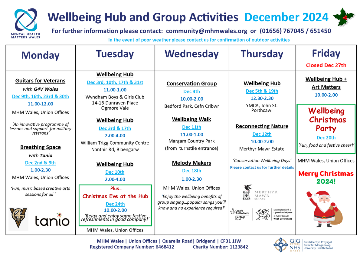 MHM Wales (@mhmwales) on Twitter photo 🎄Our activity calendar for #December24 is now live!🎄
As you can see we are going to be very busy throughout the festive season-all are welcome to come & enjoy the fun!
#Wellbeing #activities #arttherapy #greentherapy #yoga #choir #music #creativewriting
@tanio_cymru
<a href="/ctmrpb/">Cwm Taf Morgannwg Regional Partnership</a> 🎄Our activity calendar for #December24 is now live!🎄
As you can see we are going to be very busy throughout the festive season-all are welcome to come & enjoy the fun!
#Wellbeing #activities #arttherapy #greentherapy #yoga #choir #music #creativewriting
@tanio_cymru
<a href="/ctmrpb/">Cwm Taf Morgannwg Regional Partnership</a>