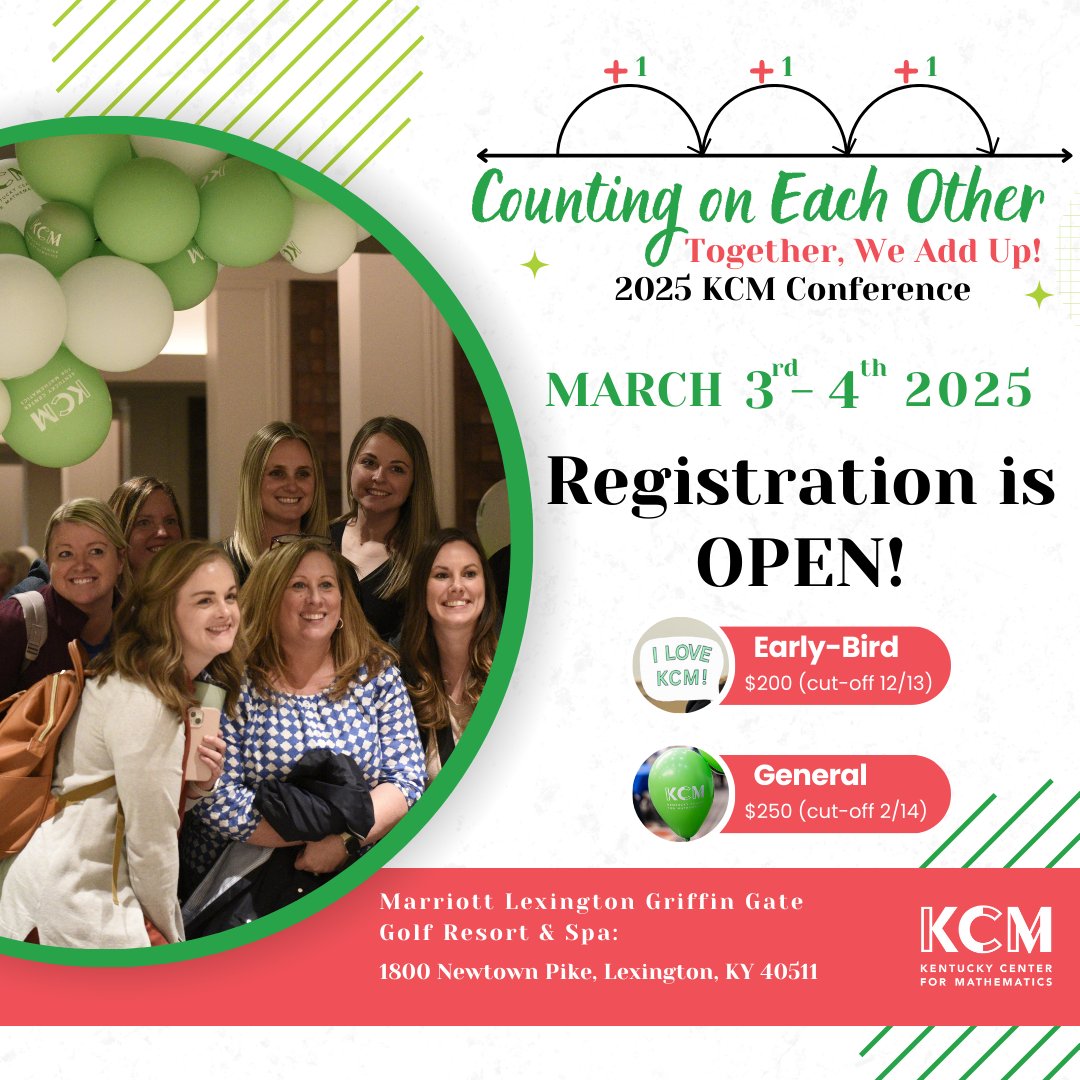 Have you registered for the 2025 KCM Conference? 

Early bird registration prices only last until December 13th! After that, registration prices go up to $250!

View the conference homepage here: 
kentuckymathematics.org/KCMConference2…

Register Here:
members.kentuckymathematics.org/members/evr/re…