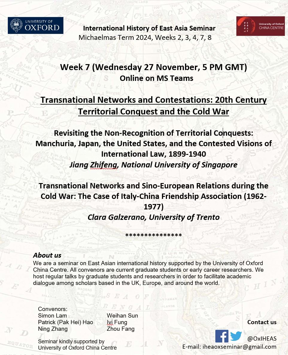 Do join us ONLINE tomorrow for our Week 7 session on Wednesday at 5pm GMT on Transnational Networks and Contestations: 20th Century Territorial Conquest and the Cold War - looking forward to seeing everyone there!  

NOTE - This session is ONLINE ONLY.