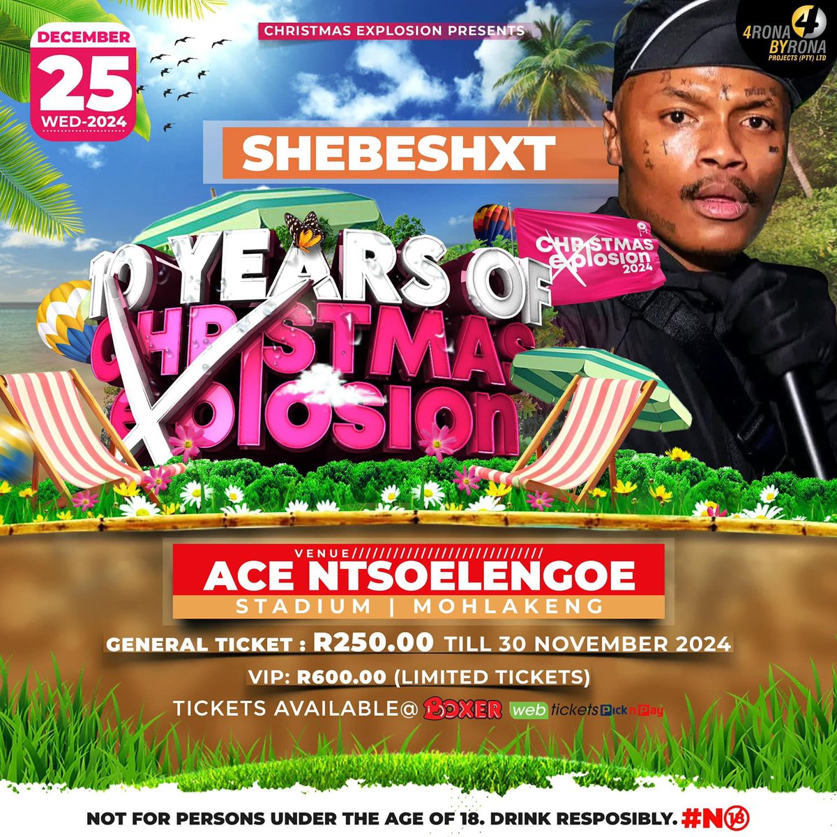 Christmas_Exp's tweet photo. Ke Nakwela🚨

 📅 25 December 2024
🏟️ Ace Ntsoelengoe Stadium

 - Shebeshxt    

Tickets sold at Webtickets (Link in bio) and PnP &amp; Boxer Stores.

#christmasexplosion2024
#10yearsofchristmasexplosion https://t.co/Jb77dQWKhn