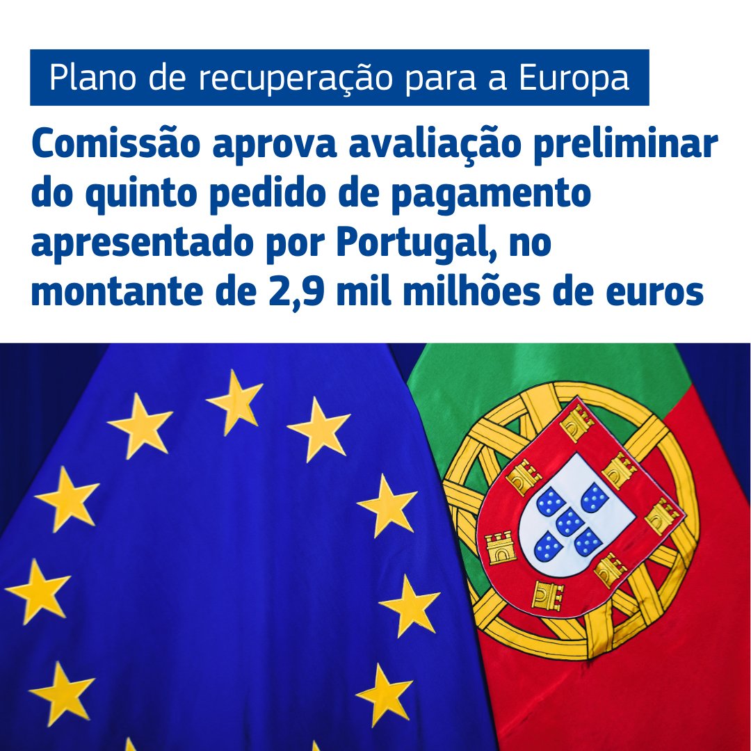 Comissão Europeia em Portugal (@ce_ptrep) on Twitter photo #PRR | A <a href="/EU_Commission/">European Commission</a> aprova avaliação preliminar do quinto pedido de pagamento apresentado por Portugal, no montante de 2,9 mil milhões de euros.
Mais informação europa.eu/!n4cnyR
#juntosmaisfortes #PRR | A <a href="/EU_Commission/">European Commission</a> aprova avaliação preliminar do quinto pedido de pagamento apresentado por Portugal, no montante de 2,9 mil milhões de euros.
Mais informação europa.eu/!n4cnyR
#juntosmaisfortes