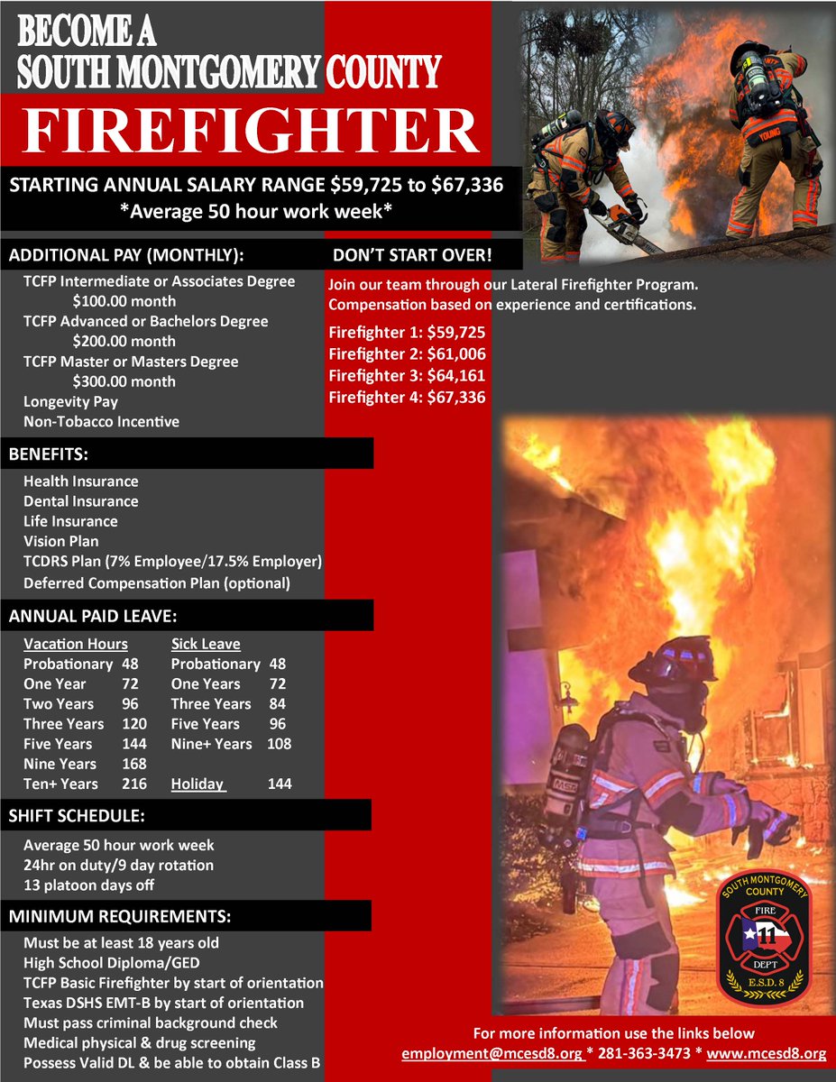 Join SMCFD!!

Competitive Benefits including TCDRS 2.5 to 1 Match, TICs in every seat, Laterals accepted. 

Be part of a team dedicated to serving the community with pride and courage!