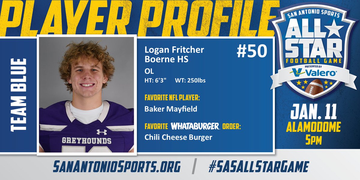 Meet <a href="/L_Fritcher/">Logan Fritcher</a> from <a href="/Boernehs/">Boerne High School</a> who will compete in the San Antonio Sports All-Star Football Game pres. by <a href="/ValeroEnergy/">Valero</a> at the Alamodome on Jan. 11! #SASAllStarGame
<a href="/Whataburger/">Whataburger®</a> <a href="/bakermayfield/">Baker Mayfield</a> 

<a href="/BoerneISD/">Boerne ISD</a> 
<a href="/LeechStan/">Boerne ISD Athletics</a> 
<a href="/HoundFootball/">Boerne Football</a>