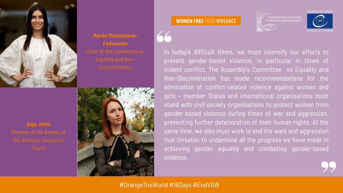 PACE_Equality (@pace_equality) on Twitter photo 🔸We must intensify efforts to prevent & combat #GenderBasedViolence, in particular in times of violent conflict. <a href="/mezentseva_dep/">Mariia Mezentseva MP</a> & Anja Jokić stress the need for member States & international orgs to support #civilsociety in protecting women & girls.
#16daysofactivism #endVAWG 🔸We must intensify efforts to prevent & combat #GenderBasedViolence, in particular in times of violent conflict. <a href="/mezentseva_dep/">Mariia Mezentseva MP</a> & Anja Jokić stress the need for member States & international orgs to support #civilsociety in protecting women & girls.
#16daysofactivism #endVAWG