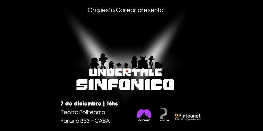 A pedido del público, vuelve UNDERTALE SINFÓNICO ❤️

Un concierto interactivo para vivir la increíble historia de Undertale con sus melodías, batallas y decisiones en versión sinfónica. 🎻 

📆 07/12 - 16hs
📍 <a href="/elpoliteama/">Teatro Politeama</a> (Paraná 353, CABA)
🎟 Entradas en plateanet.com/obra/30226?obr…