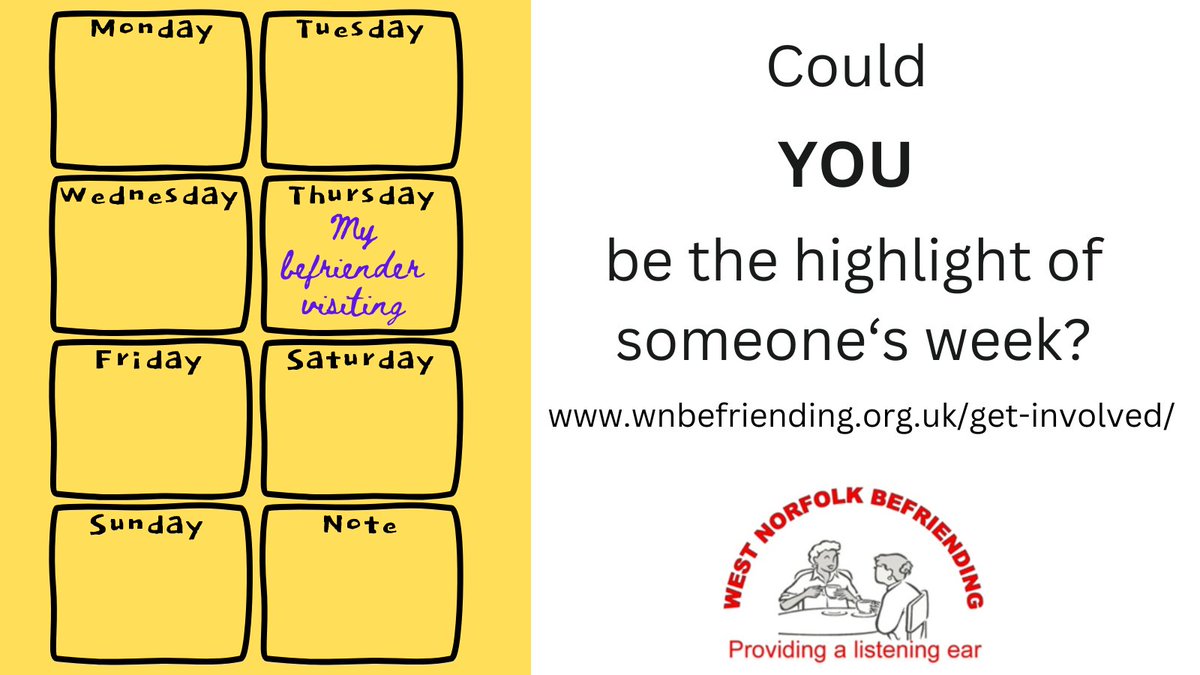 wnbefriending's tweet photo. Could YOU be the highlight of someone's week?
Find out more➡️https://t.co/gKKWzVhpfi
#befriending #volunteering #westnorfolk https://t.co/BmsZAZZpiM