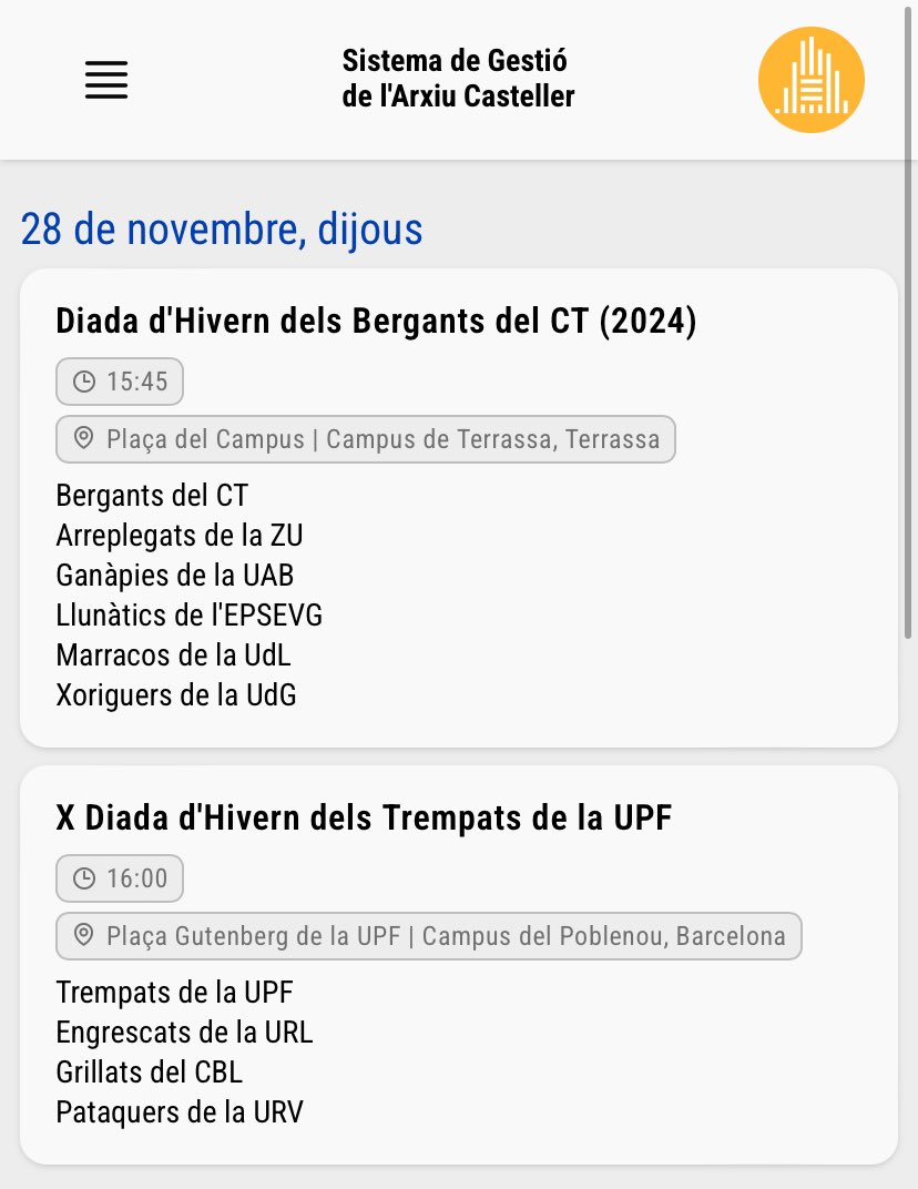 🎉 Segona setmana de diades! Aquest dijous ens esperen dues grans cites:

🔹Diada dels <a href="/bergants/">Bergants CT</a> a Terrassa
🔹X Diada dels <a href="/TrempatsUPF/">Trempats de la UPF</a> a Barcelona

🔴 Podreu seguir-les totes en directe a 👉 sigac.cat!

#castells  #castellers #SiGAC