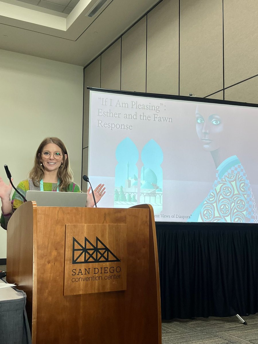 alexianadlou's tweet image. Missed an #SBLAAR24 Monday due to sickness, but have to share gratuitous photos of myself presenting Sunday on “Esther and the Fawn Response.”