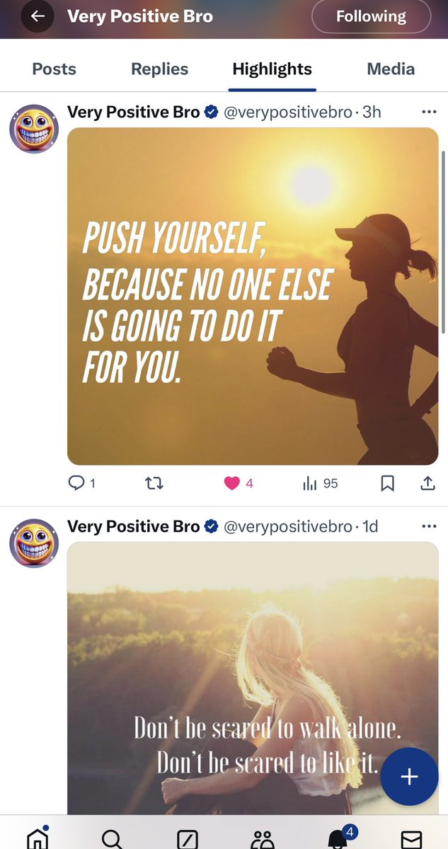 internetguy01's tweet image. Hey @verypositivebro nice positive images in your highlights!

Are you including alt text?
No? Would suggest this:
#ImageDescription image of the silhouette of a runner on the beach while the sun is going down with the caption “Push yourself…”
Good for SEO &amp;amp; accessibility!