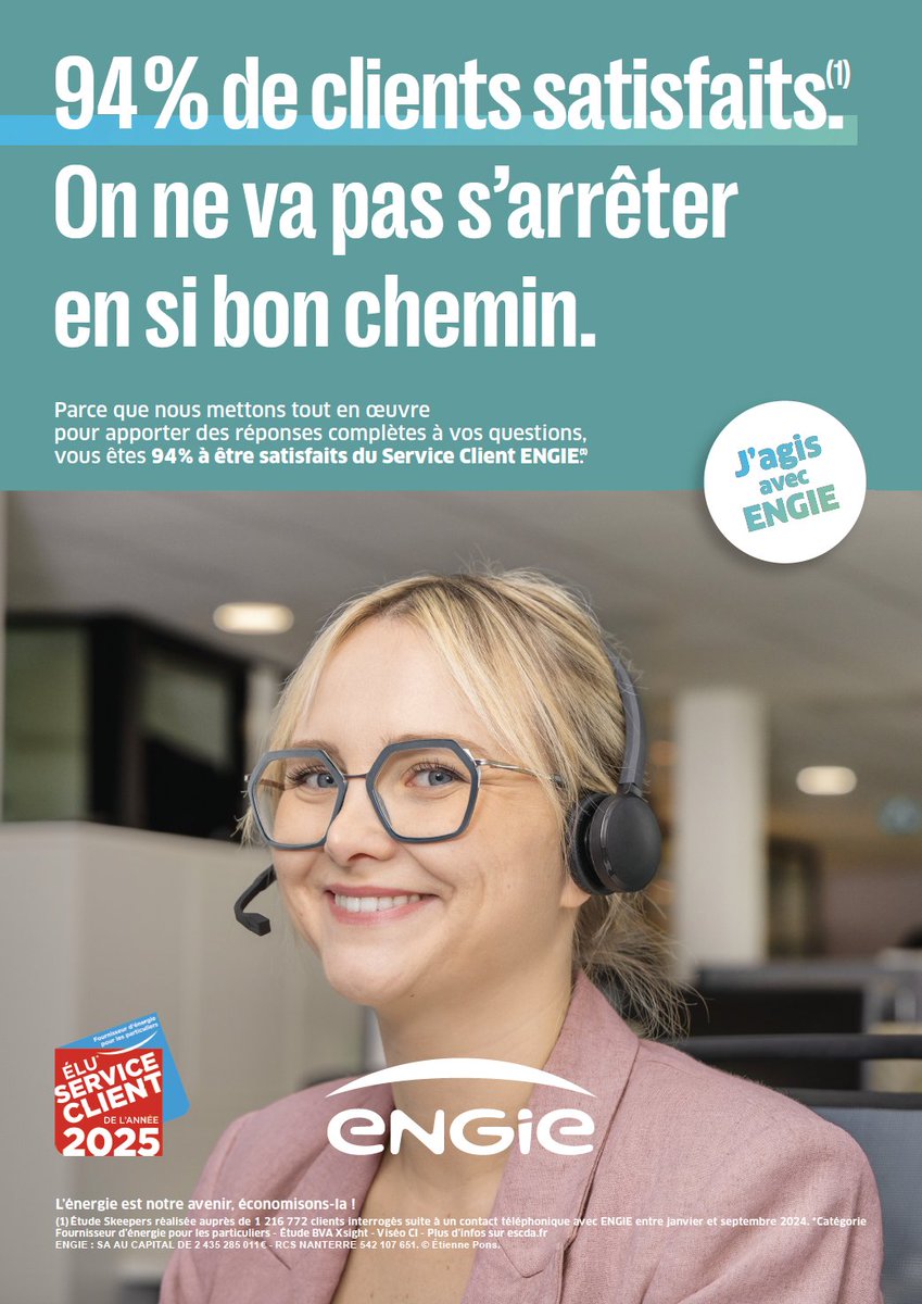 Ravis d’être Élu Service Client de l'Année 2025* dans la catégorie Fournisseur d'énergie pour les particuliers.

*Étude BVA Xsight – Viséo CI – Plus d’infos sur escda.fr

Merci à nos conseillers clientèle qui accompagnent nos clients chaque jour.🤝

#JAgisAvecENGIE