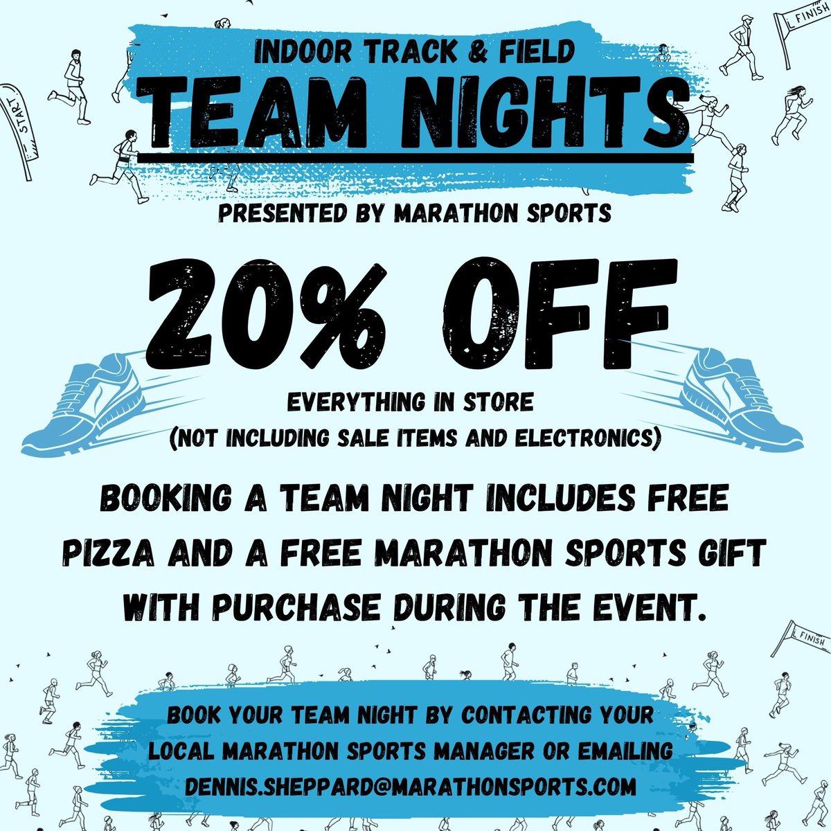 If you are a Coach, Captain or boosters it’s time to set up your <a href="/Marathon_Sports/">Marathon Sports</a> discounted Team night! Reach out to your local manager or DM us

- 20% OFF trainers, spikes etc!
- pizza and a gift with purchase 
- great customer service
- team bonding