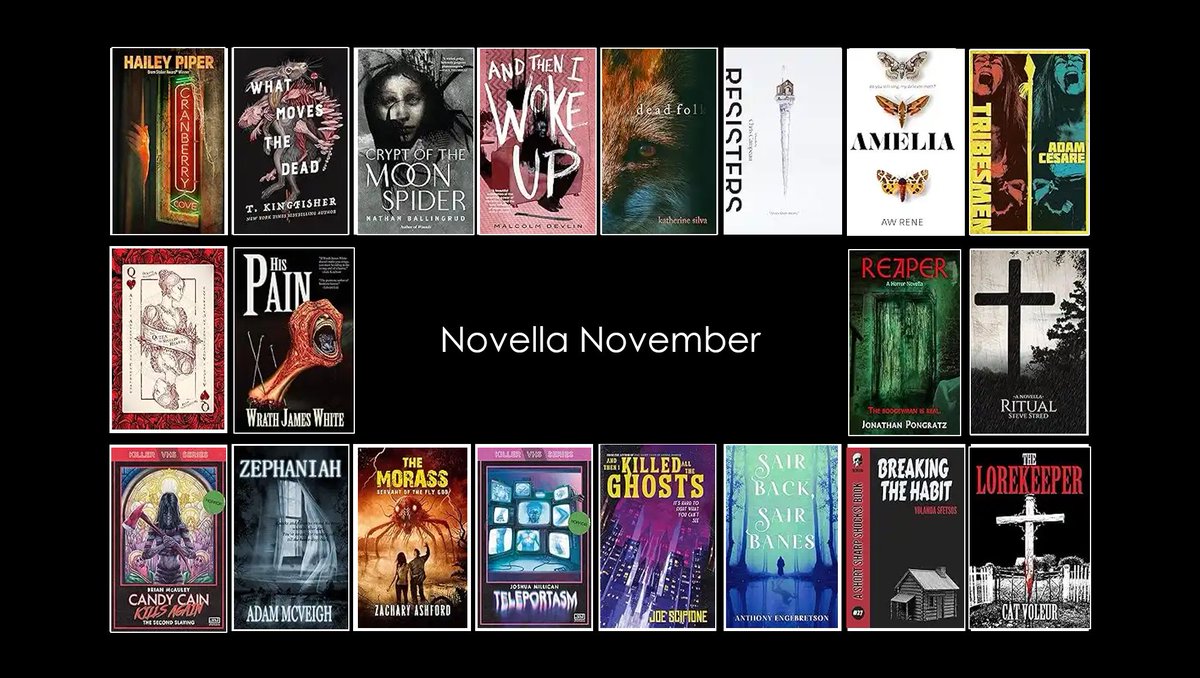Jack Finn (@therealjackfinn) on Twitter photo It's #NovellaNovember all month...come find your next favorite author:
Cranberry Cove - Hailey Piper
What Moves the Dead - TS Kingfisher <a href="/UrsulaV/">Kingfisher & Wombat</a>
Crypt of the Moon Spider - Nathan Ballingrud <a href="/NBallingrud/">Nathan Ballingrud</a>
And Then I Woke Up - Malcolm Devlin <a href="/barquing/">Malcolm Devlin</a>
Dead Folk - Katherine It's #NovellaNovember all month...come find your next favorite author:
Cranberry Cove - Hailey Piper
What Moves the Dead - TS Kingfisher <a href="/UrsulaV/">Kingfisher & Wombat</a>
Crypt of the Moon Spider - Nathan Ballingrud <a href="/NBallingrud/">Nathan Ballingrud</a>
And Then I Woke Up - Malcolm Devlin <a href="/barquing/">Malcolm Devlin</a>
Dead Folk - Katherine