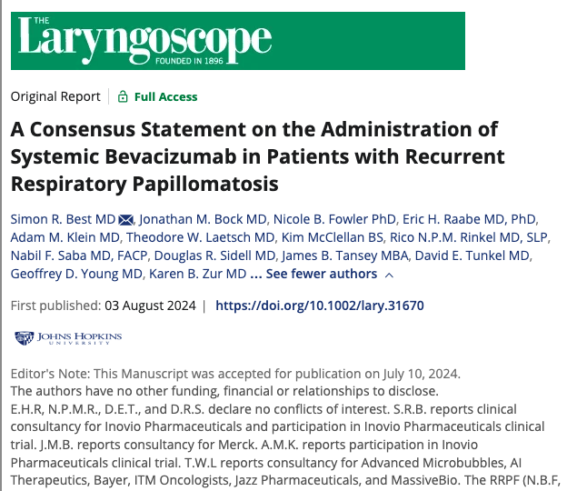1/ 🗣️ New Consensus Statement!
Experts have provided detailed guidance on the use of systemic bevacizumab(Avastin) in patients with recurrent respiratory papillomatosis (RRP), a condition with limited treatment options.