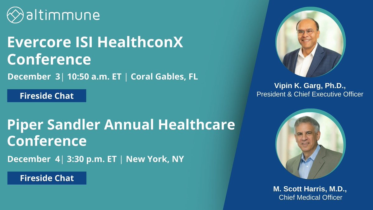 Altimmune, Inc. (@altimmuneinc) on Twitter photo Next week, members of our executive team will be participating in #firesidechats at the <a href="/EvercoreISI/">Evercore ISI</a> and <a href="/Piper_Sandler/">Piper Sandler</a> Healthcare Conferences. Read the press release below for additional details, and connect with us onsite for 1x1 meetings: ir.altimmune.com/news-releases/…. Next week, members of our executive team will be participating in #firesidechats at the <a href="/EvercoreISI/">Evercore ISI</a> and <a href="/Piper_Sandler/">Piper Sandler</a> Healthcare Conferences. Read the press release below for additional details, and connect with us onsite for 1x1 meetings: ir.altimmune.com/news-releases/….