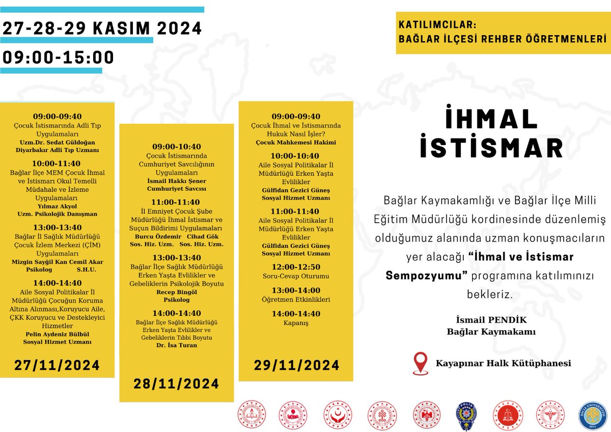 📢 “İhmal İstismar” Projemiz kapsamında;İlçemize bağlı okullarda görevli rehber öğretmenlerimize yönelik alanında uzman konuşmaların yer alacağı,İhmal İstismar Sempozyum’u başlıyor…
🗓️27-28-29 Kasım 2024
🕙10:00-15:00
📍Kayapınar Halk Kütüphanesi 

<a href="/dbakirvalilik/">T.C. Diyarbakır Valiliği</a>
<a href="/vali_zorluoglu/">Murat Zorluoğlu</a>