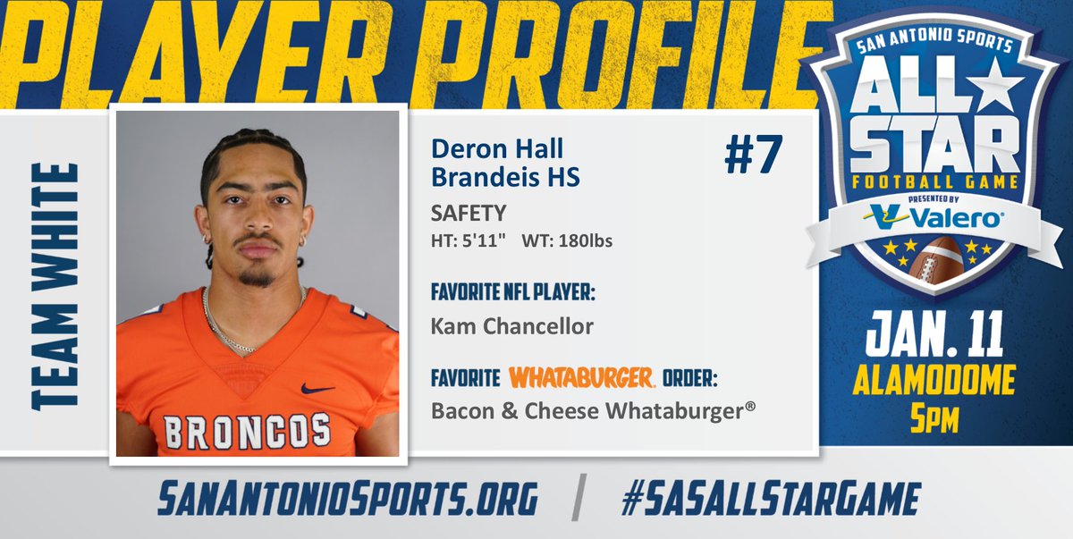 SA_Sports's tweet photo. Meet @DeronHall_ from @NISDBrandeis who will compete in the San Antonio Sports All-Star Football Game pres. by @ValeroEnergy at the Alamodome on Jan. 11! #SASAllStarGame
@Whataburger @KamChancellor

@NISD 
@NISD_Athletics 
@SaBrandeis 
@BroncosBrandeis https://t.co/iqalbKizPT