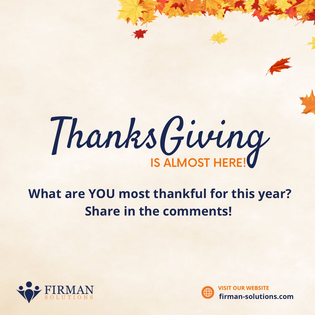 FirmanSolutions's tweet photo. The countdown to Thanksgiving has begun, and we’re reflecting on everything we’re grateful for. 
L

#ThanksgivingCountdown
#GratefulHeart
#ThankfulForYou
#FirmanSolutions
#GratitudeSeason
#CountYourBlessings
#Thanksgiving2024 https://t.co/1CyZSJuD0k