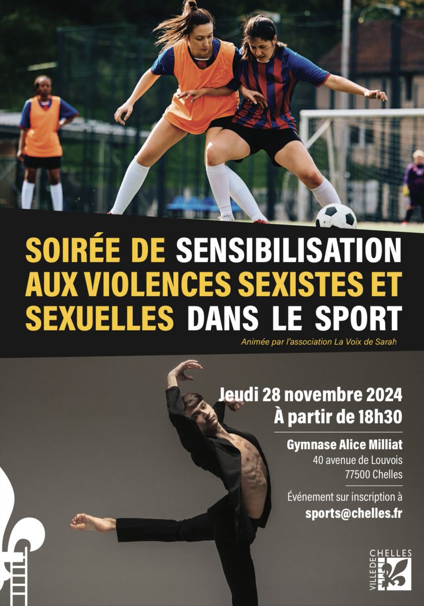 RapLabr's tweet photo. 🔴⚽️ Soirée de sensibilisation aux violences sexistes et sexuelles dans le sport 

👉🏻 Ce jeudi, en partenariat avec l’association La Voix de Sarah, la @VilleChelles propose une soirée de sensibilisation sur les violences sexistes et sexuelles dans le sport. https://t.co/20Vnn8ia9E