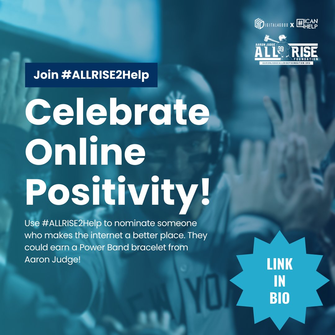As we look to celebrate family and friends, let's highlight those we love who are remaining positive on social media.  Nominate  a young person who looks to lift other's up for an #ALLRISE2Help powerband and letter from Aaron.

icanhelp.net/allrise2help

#ALLRISEforYouth