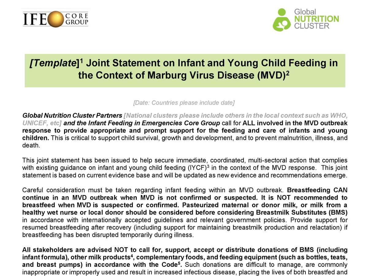 IFE Core Group (@ifecoregroup) on Twitter photo 🔊Ready for use!
An editable template Joint Statement on IYCF in the context of #Marburg virus disease. Countries can use & adapt to secure immediate, coordinated, multi-sectoral action that complies with existing guidance on #IYCF. See the template: buff.ly/49a6NQ3 🔊Ready for use!
An editable template Joint Statement on IYCF in the context of #Marburg virus disease. Countries can use & adapt to secure immediate, coordinated, multi-sectoral action that complies with existing guidance on #IYCF. See the template: buff.ly/49a6NQ3