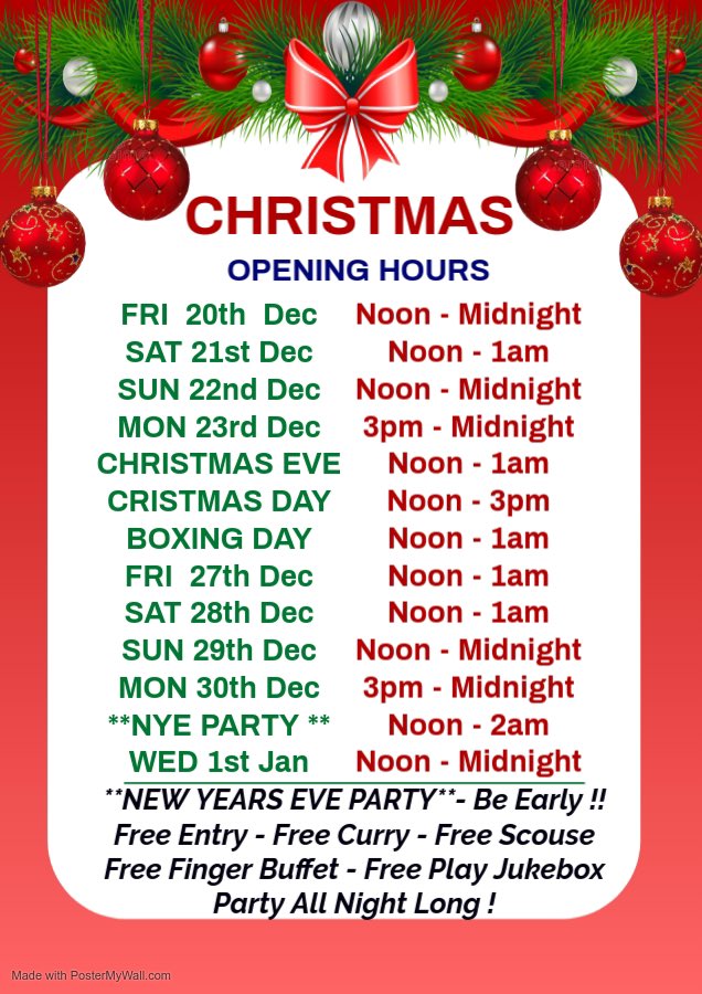 Hi folks. 
Here’s a heads up on our Christmas period Opening Hours. 
Looking forward to seeing you all for a festive drink around the roaring log burner.