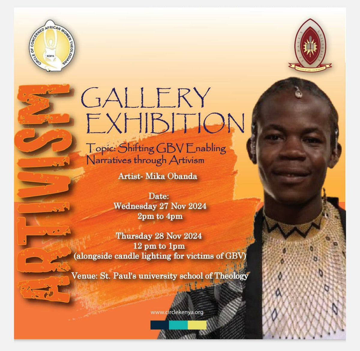 16days of activism against GBV 
TOPIC: Shifting GBV Enabling Narratives Through Artivism

GALLERY EXHIBITION at @spukenya (St Paul University School of Theology) on 27th  and 28th November.

Grateful for the opportunity to showcase

 #16daysofactivismagainstgenderbasedviolence