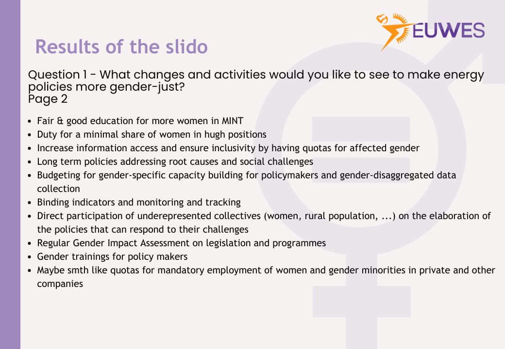 WECF_INT's tweet image. Last Wednesday, the #EUWES team had a successful online workshop, with BEE e.V., for German policymakers and energy sector stakeholders. Practical #methodologies on gender-responsive assessments and indicator development were shared here. Check the results of discussions⬇️