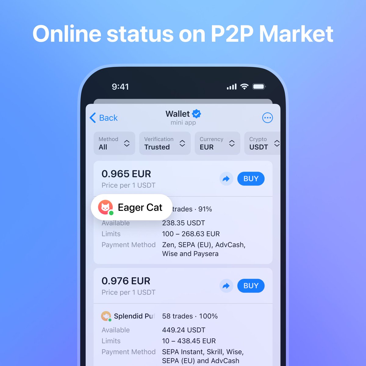 💱 Our P2P Marketplace now shows merchant status! Look for the green dot to  buy #crypto in Telegram fast.