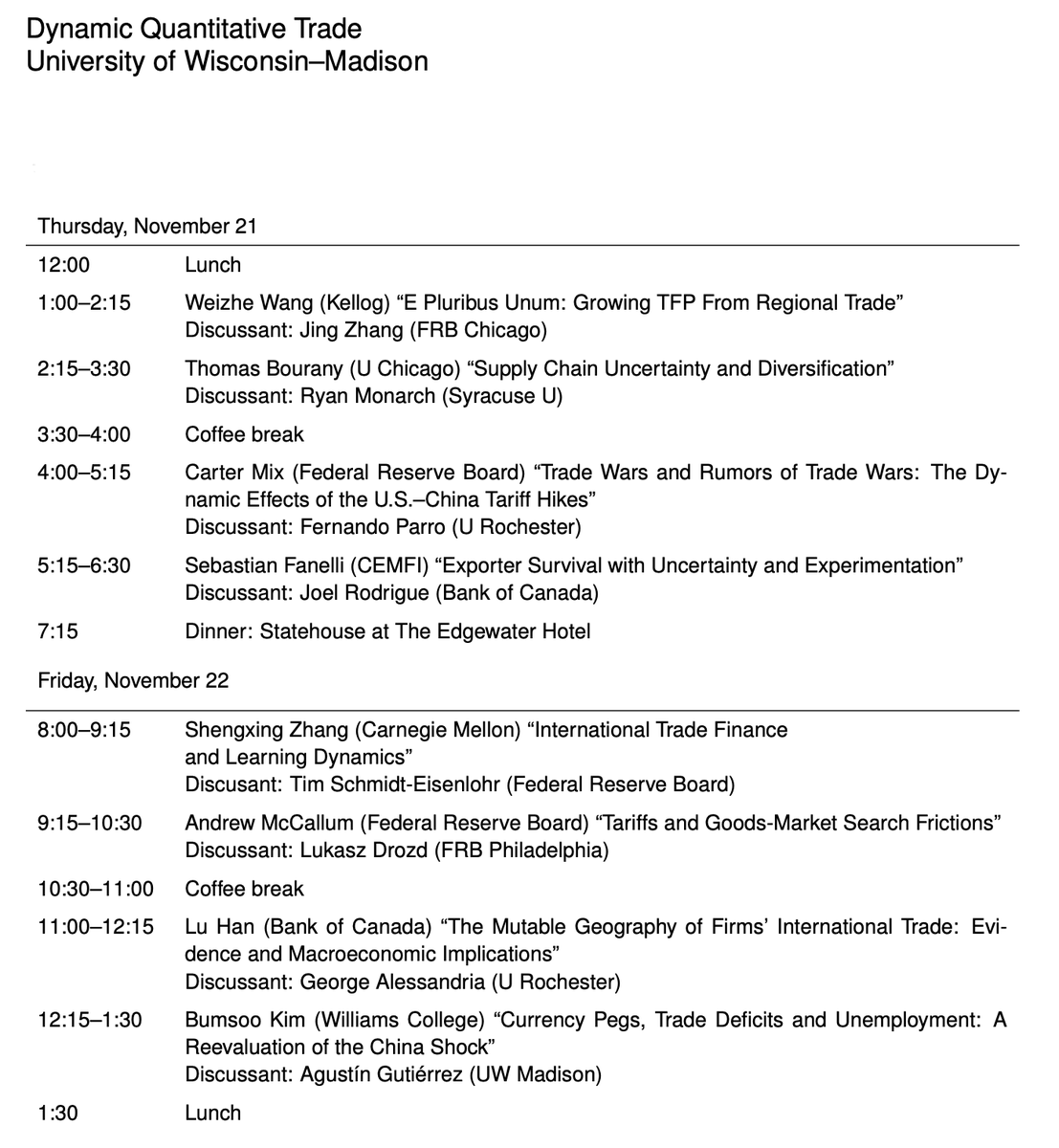 JIntlEcon's tweet photo. JIE is pleased to announce that the 'Dynamic Quantitative Trade' Conference successfully took place in @WIeconomics on November 21-22. We are thankful to organizers George Alessandria and Kim Ruhl. Please look out for the special issue edited by Doireann Fitzgerald! https://t.co/pFuQfCeaLG
