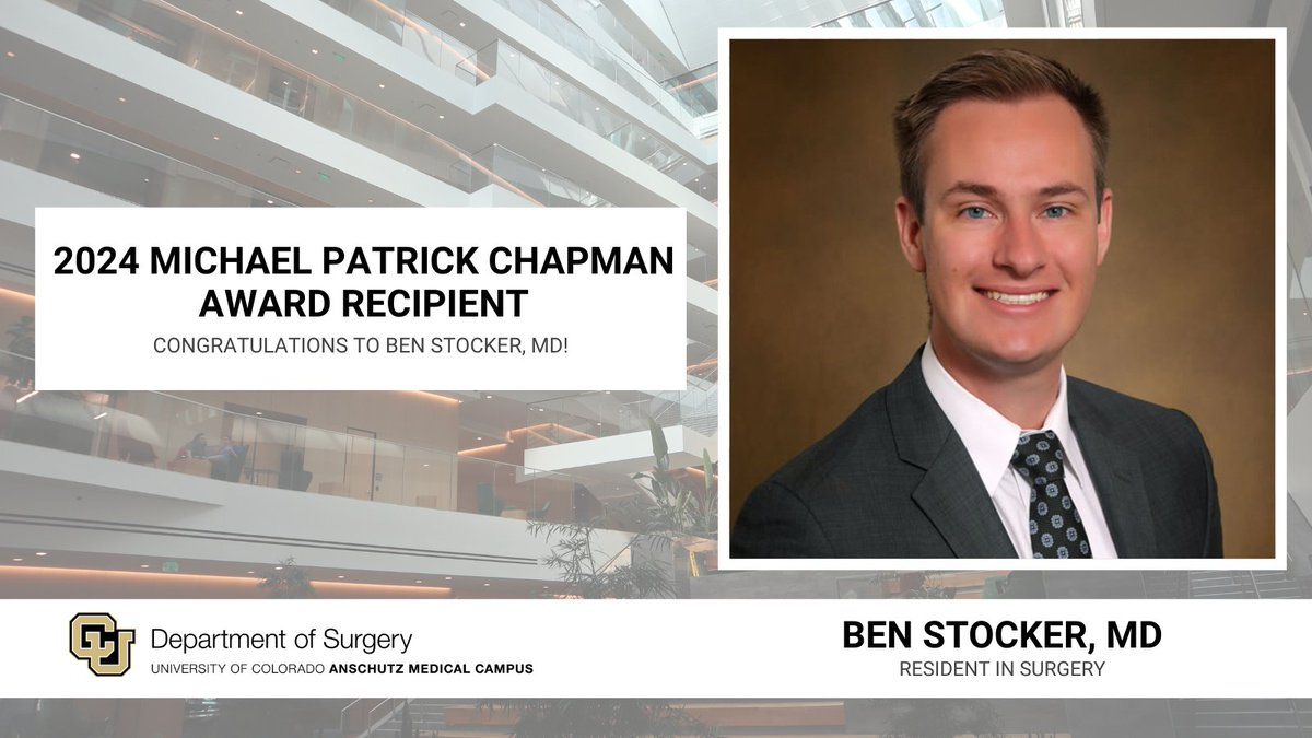 CUDeptSurg's tweet photo. Huge congratulations to @BenWStocker on being awarded the 2024 Michael Patrick Chapman Award! This honor recognizes his exceptional work in merging clinical care with groundbreaking research. Well deserved! 
#ImproveEveryLife https://t.co/L1KTnmjjNP