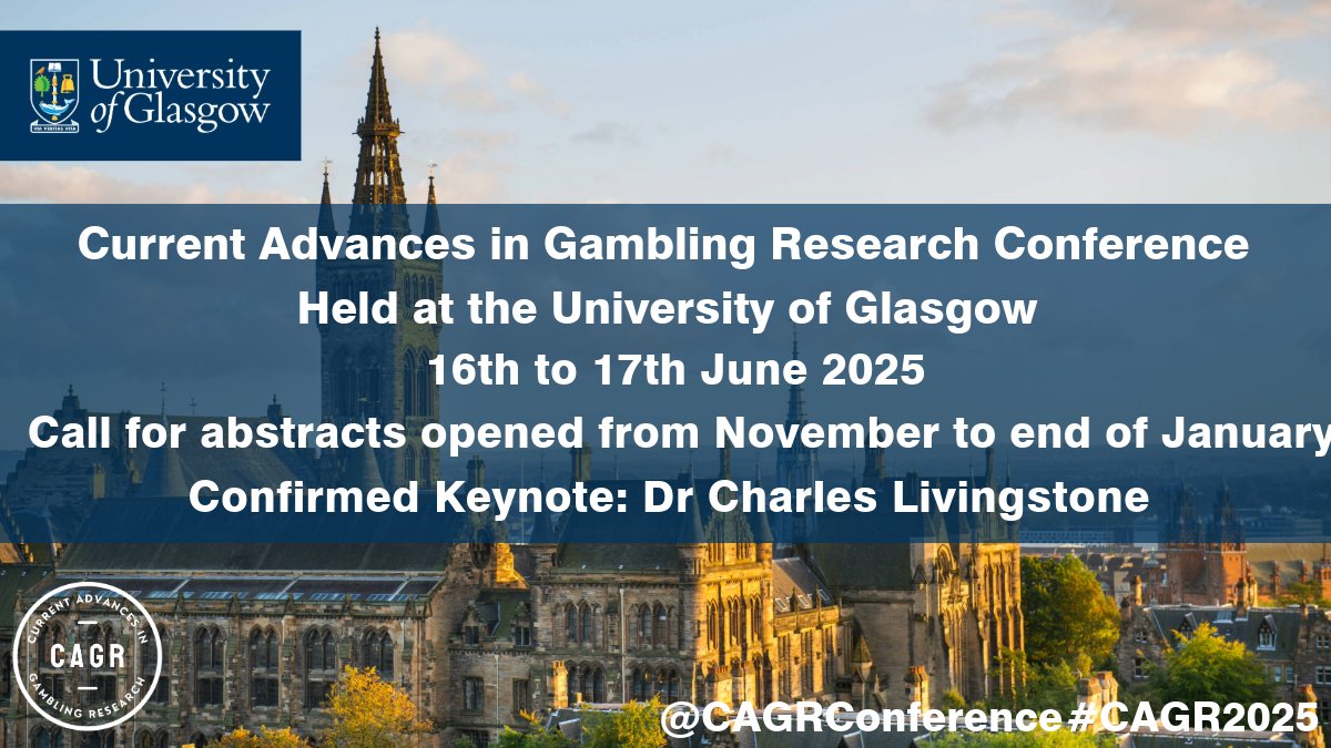 Current Advances in Gambling Research (CAGR) (@cagrconference) on Twitter photo 🚨The call for abstracts for #CAGR2025 hosted by <a href="/GlaGamRes/">Gambling Research Glasgow</a> at <a href="/UofGlasgow/">University of Glasgow</a> is now officially open🚨
The deadline for submission is 5pm GMT, January 30th 2025. Follow the link for full information and to apply: cagrconference.org/call-for-paper…
1/3 🚨The call for abstracts for #CAGR2025 hosted by <a href="/GlaGamRes/">Gambling Research Glasgow</a> at <a href="/UofGlasgow/">University of Glasgow</a> is now officially open🚨
The deadline for submission is 5pm GMT, January 30th 2025. Follow the link for full information and to apply: cagrconference.org/call-for-paper…
1/3