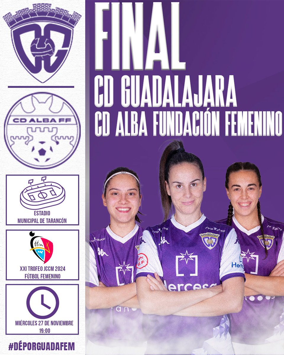 ❗PRÓXIMO PARTIDO   

¡Llegó el momento de la final para el #DéporGuadaFEM!💜

🏆 #TrofeoJCCM | FINAL 2024

🆚@FundaAlbaFem

🏟️Estadio Municipal de Tarancón
📍Cuenca

📅Miércoles, 27 de noviembre
 ⏰19:00h 

#AúpaDépor⚪️🟣 #DéporAlbaceteFEM ⚔️
