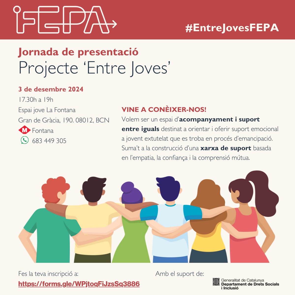 📌Reserva't la data! 

El 3/12 organitzem la jornada de presentació del projecte #EntreJovesFEPA ,un espai de suport entre iguals del #JoventExtutelat que vol acabar construint un grup amb capacitat d'incidir en les polítiques públiques

🖱️Inscriu-t'hi forms.gle/ArSNtQm2io97aq…